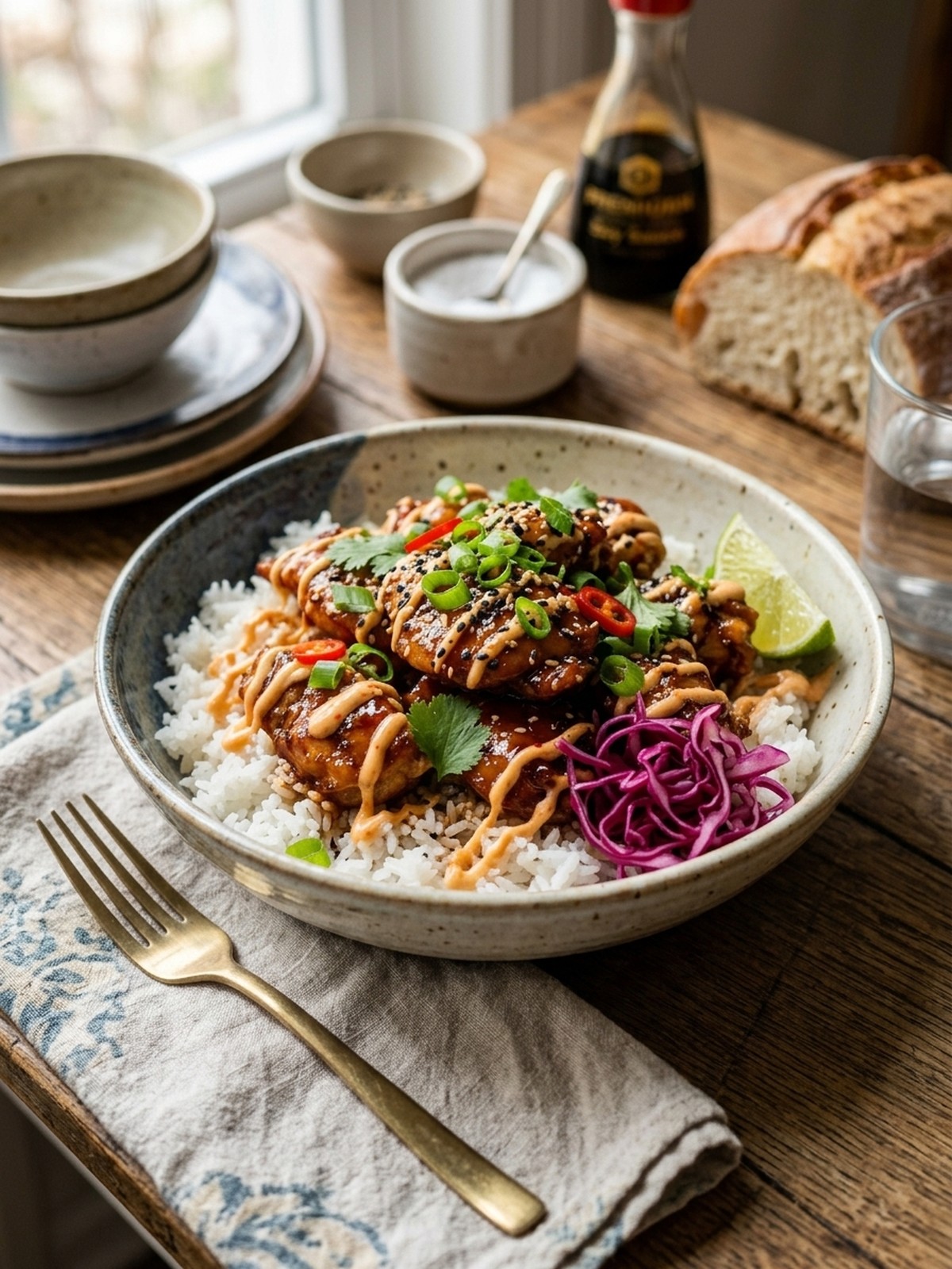 Serving and variation ideas for Sticky chicken rice bowls with spicy mayo