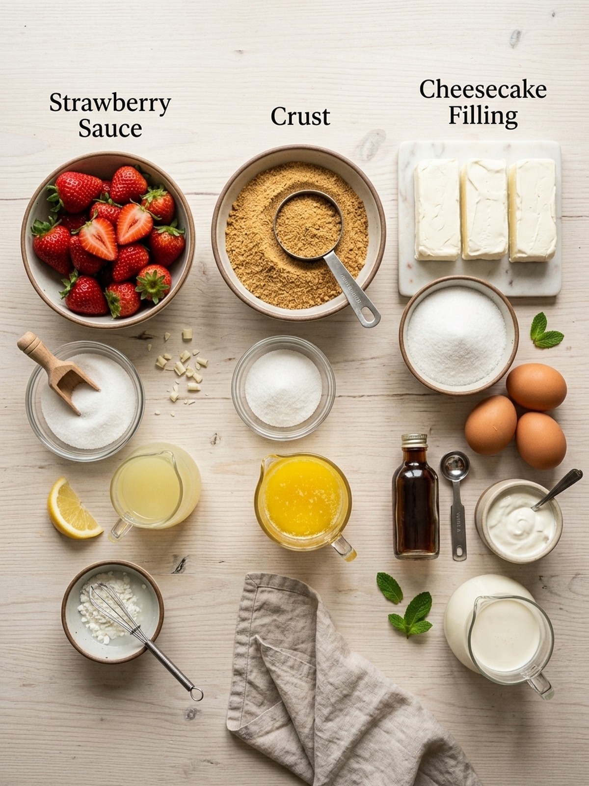 Strawberry Swirl Cheesecake Recipe ingredients arranged for baking