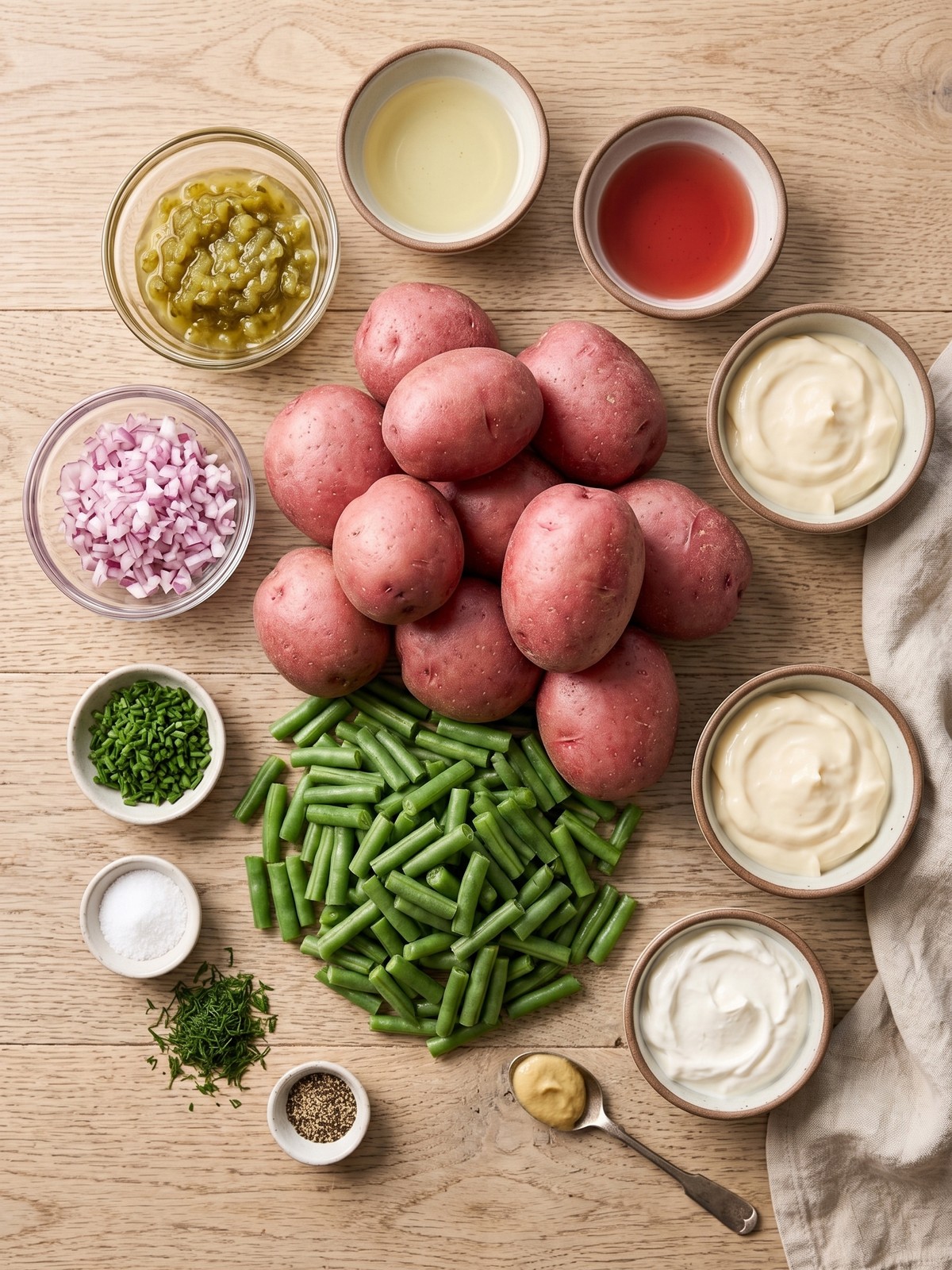 Creamy Green Bean Potato Salad ingredients arranged for cooking
