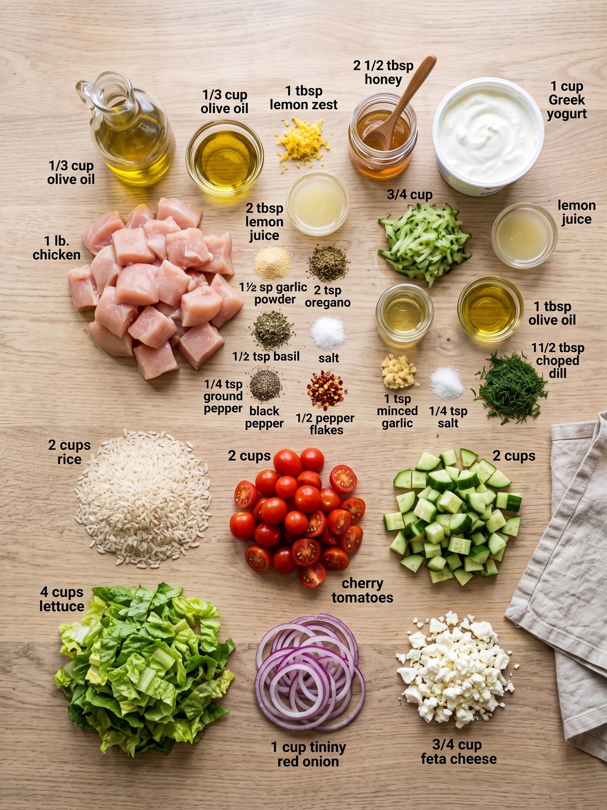 High Protein Greek Chicken Bowls ingredients arranged for cooking