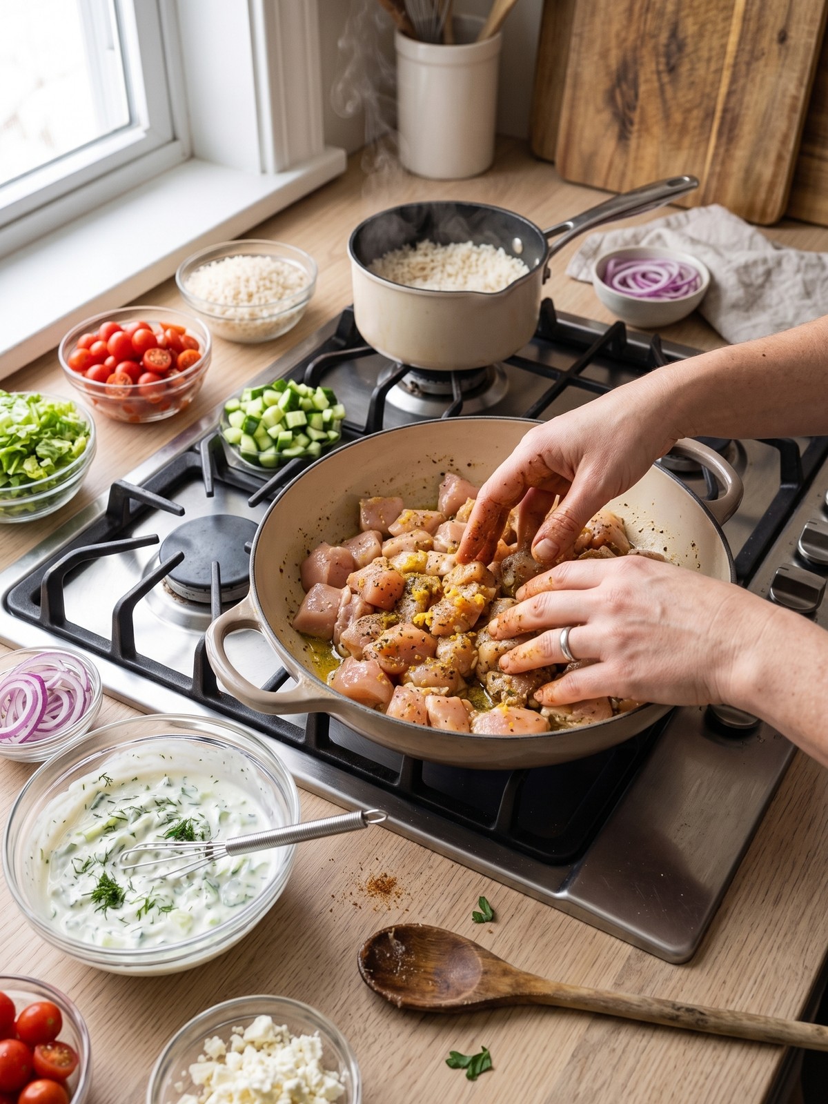 Step by step preparation of High Protein Greek Chicken Bowls