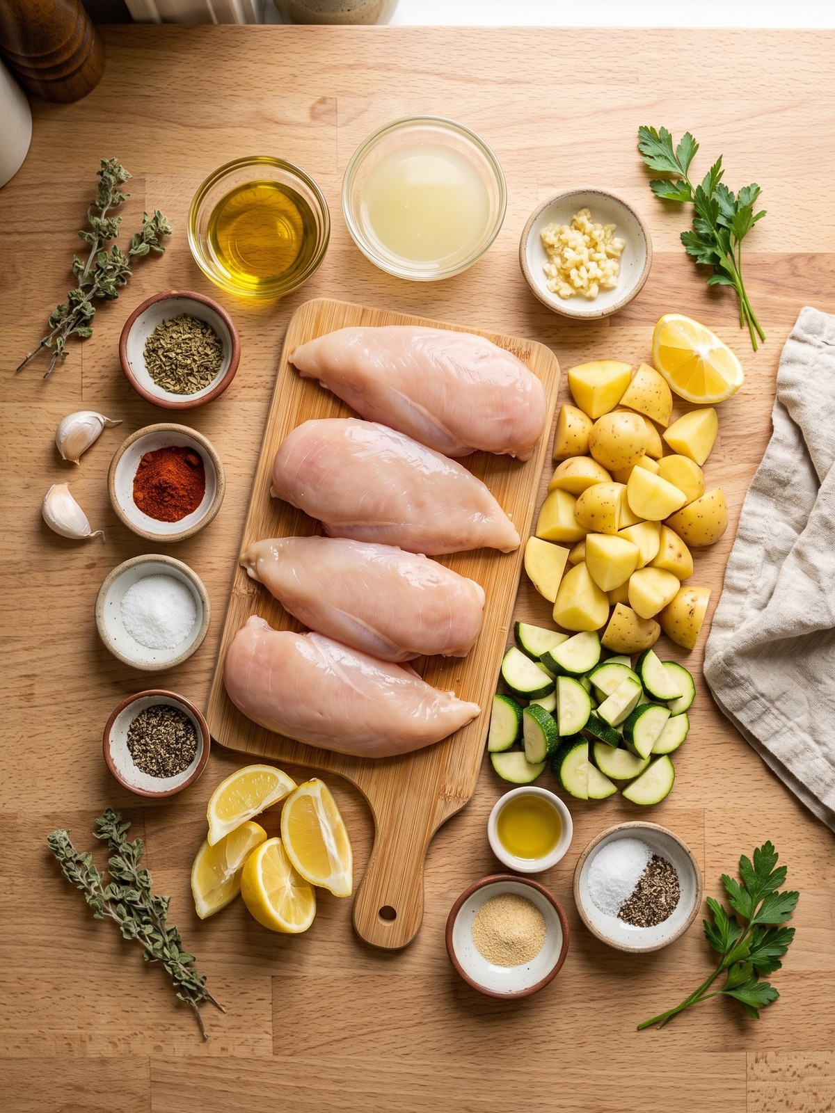 Lemon Garlic Chicken Meal Prep ingredients arranged for cooking