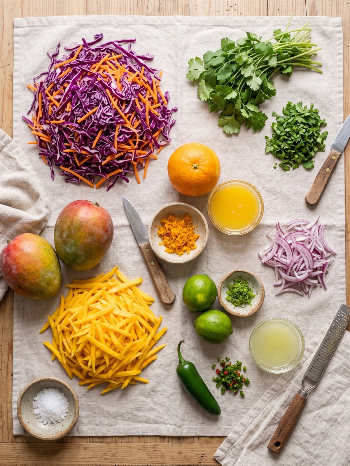 Mango Slaw ingredients arranged with purple cabbage mango citrus and herbs