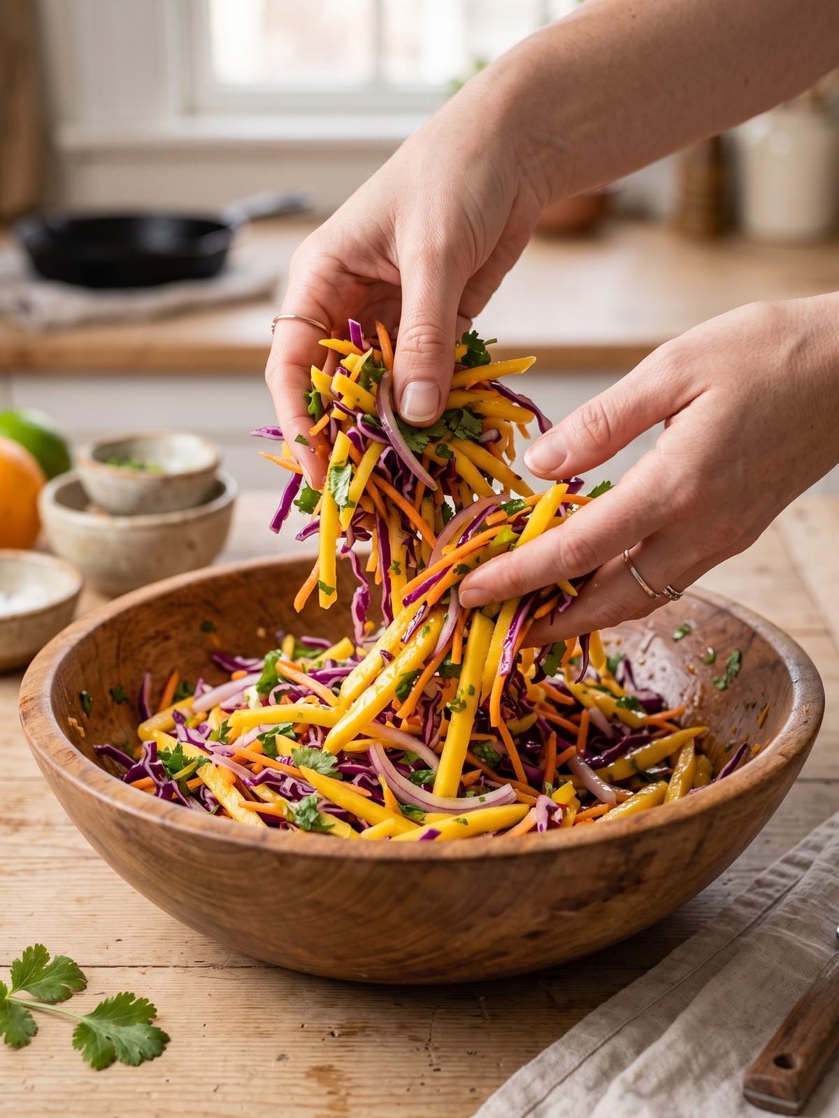 Step by step preparation of Mango Slaw in a mixing bowl