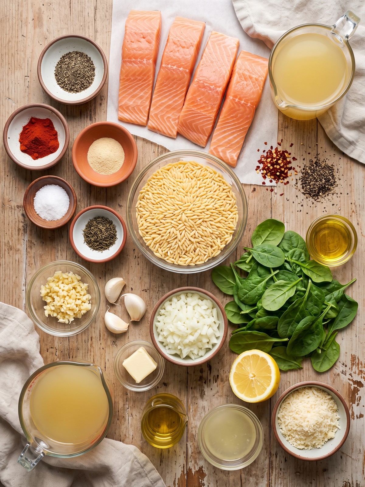 One Skillet Salmon with Lemon Orzo ingredients arranged for cooking