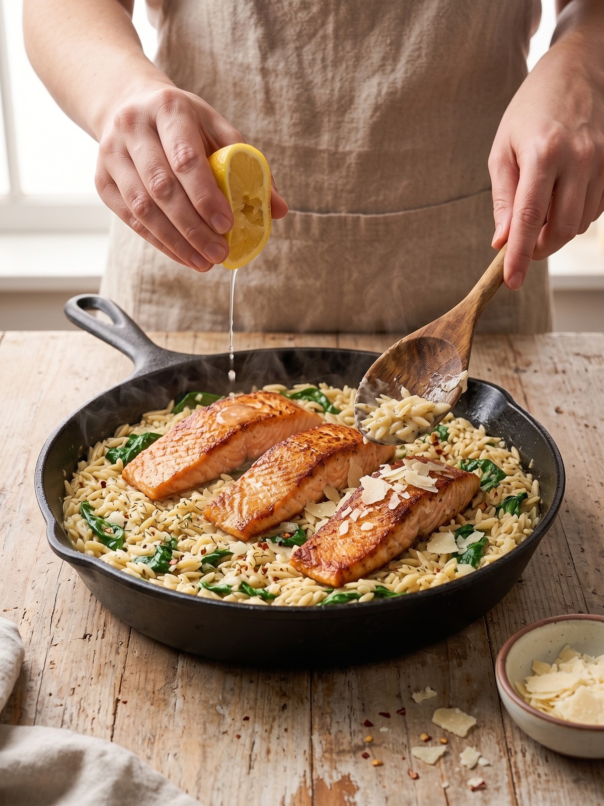 Step by step preparation of One Skillet Salmon with Lemon Orzo