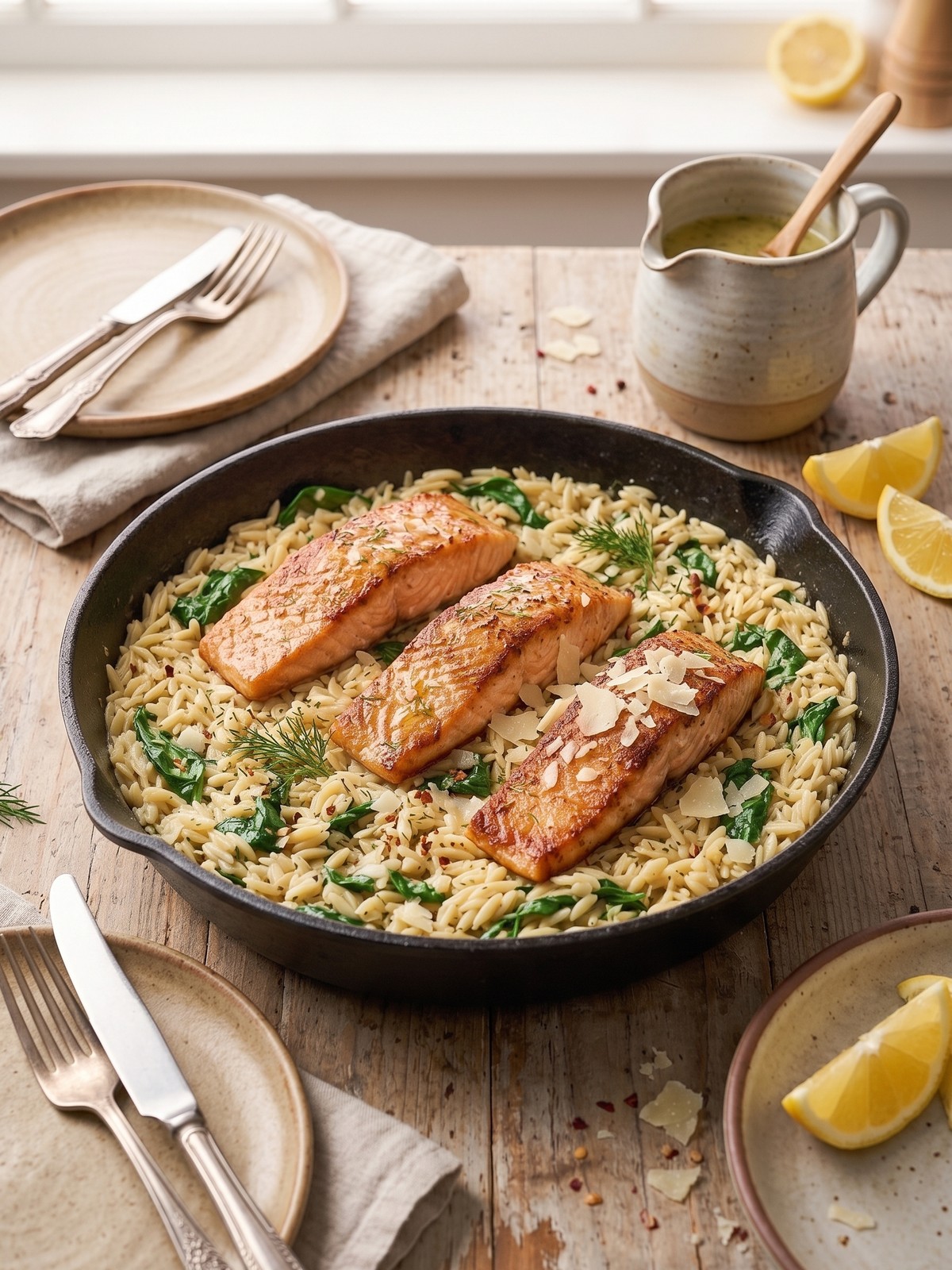 Serving and variation ideas for One Skillet Salmon with Lemon Orzo