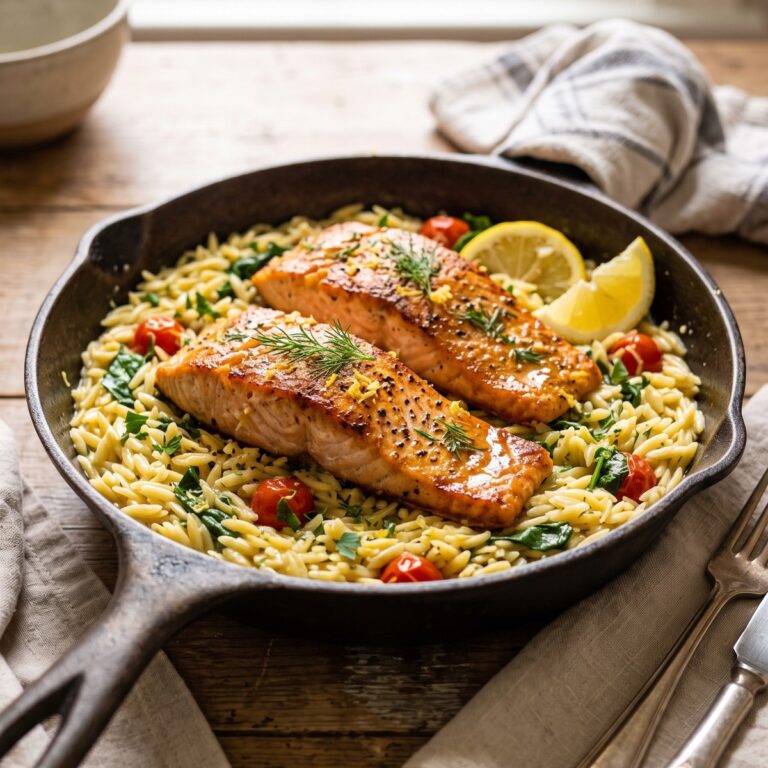 One Skillet Salmon With Lemon Orzo
